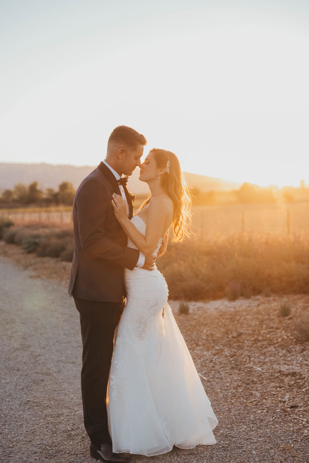 A bride and groom share a tender moment, kissing on a sunlit path, with a serene countryside landscape in the background at their intimate wedding