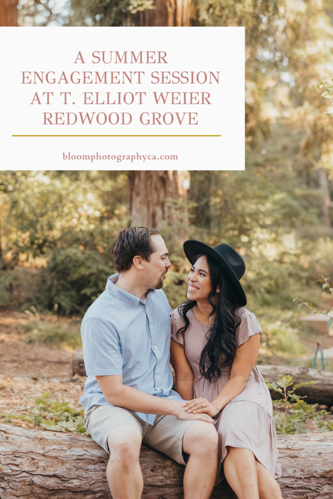 Couple posing for engagement pictures at T. Elliot Weier Redwood Grove 