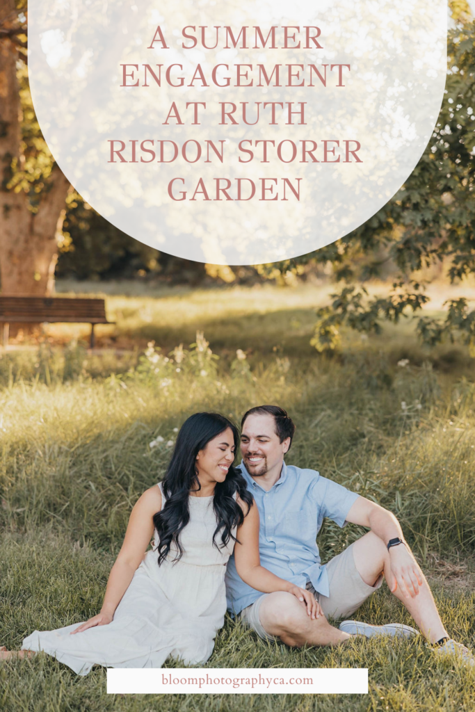 Couple posing for engagement photos at the Ruth Risdon Storer Garden
