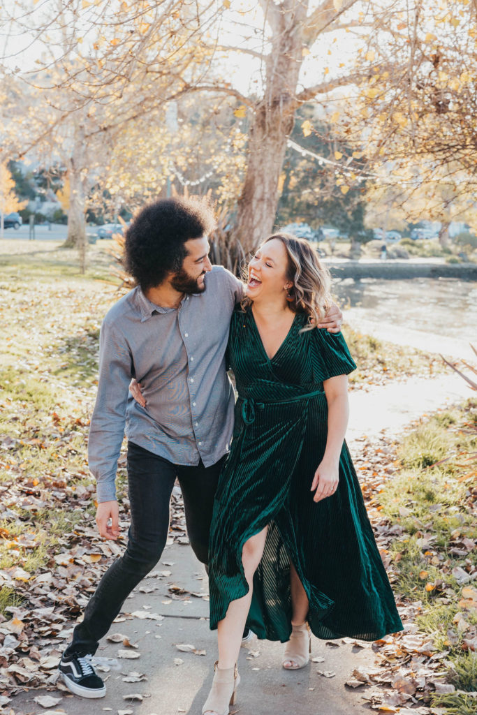 Couple being playful during engagement session
