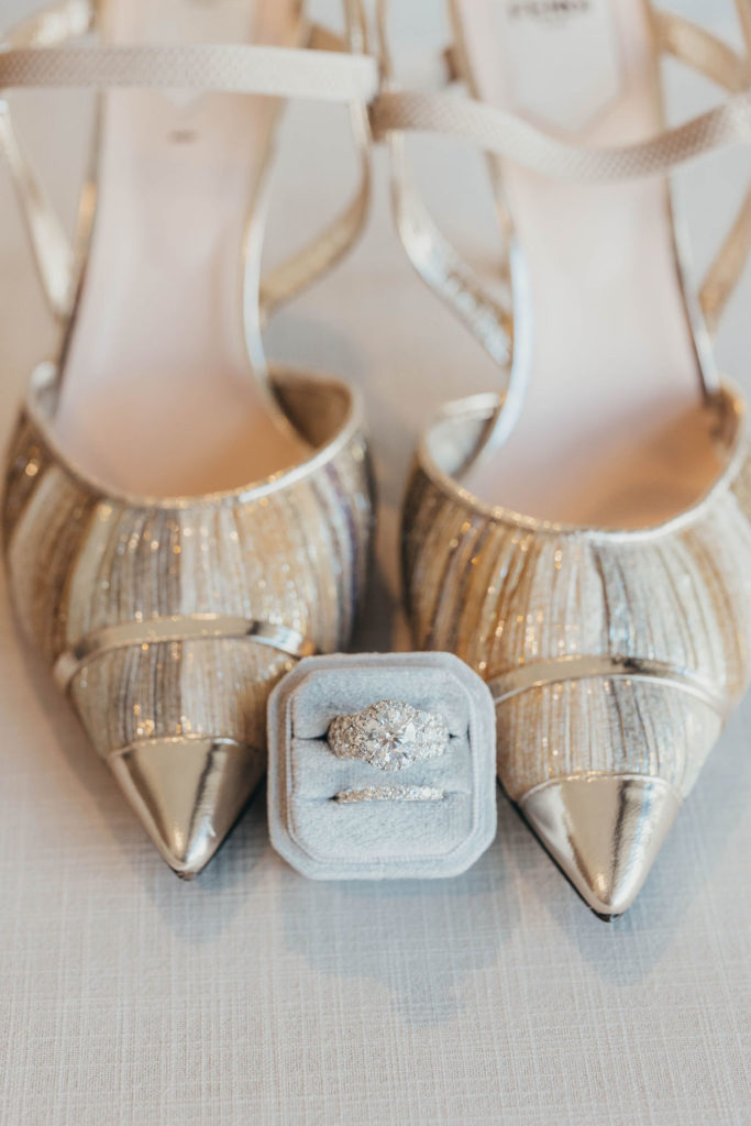 Wedding shoes and ring before  wedding at The Kimpton Hotel in Sacramento CA