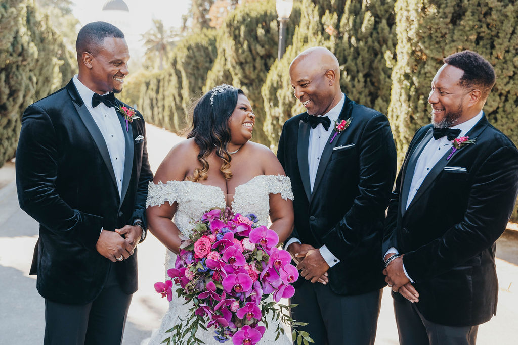 Bride and groomsman portraits at The California State Capital Park