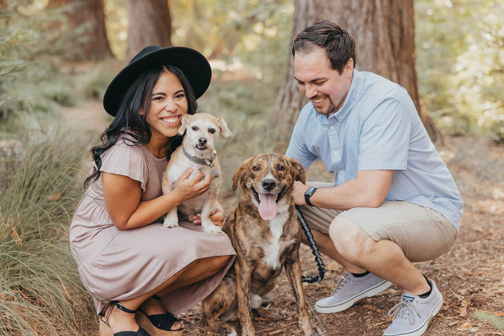 Couples engagement session with dogs at T Elliot Weier Redwood Grove