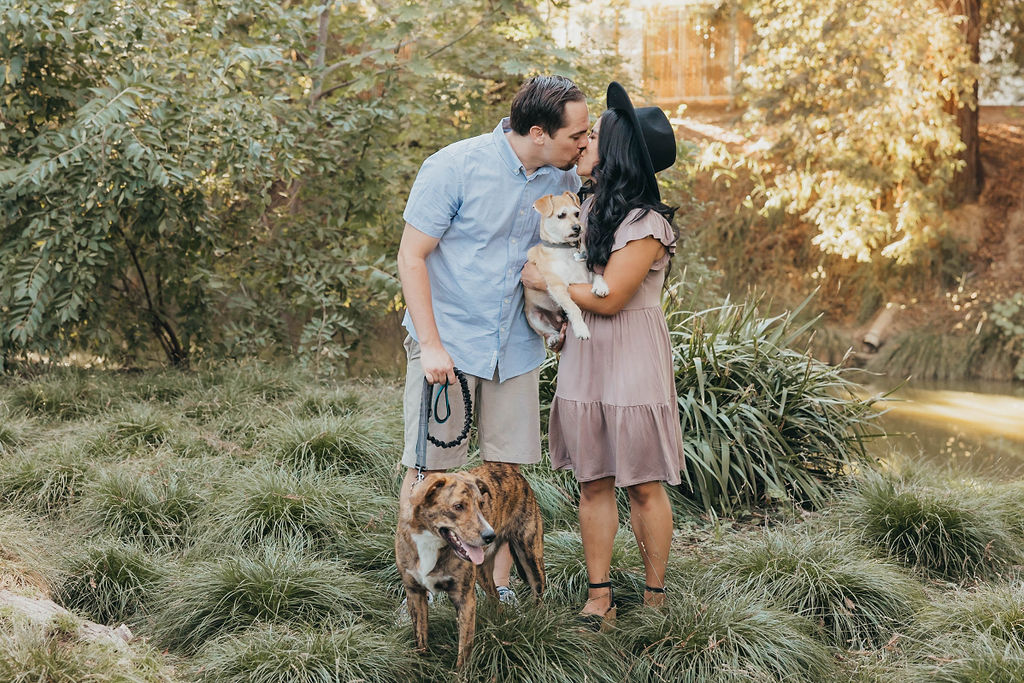 Couple posing for engagement photos with their dogs