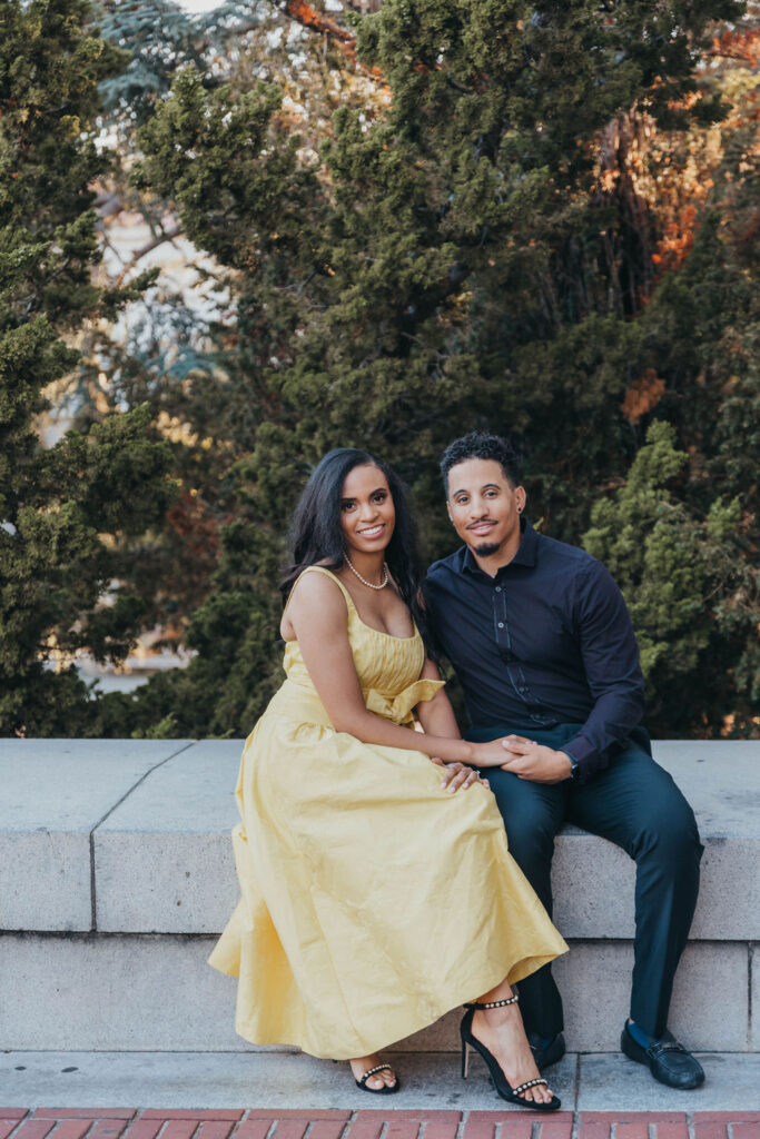 Couple posing for summer engagement photos at Berkeley California University