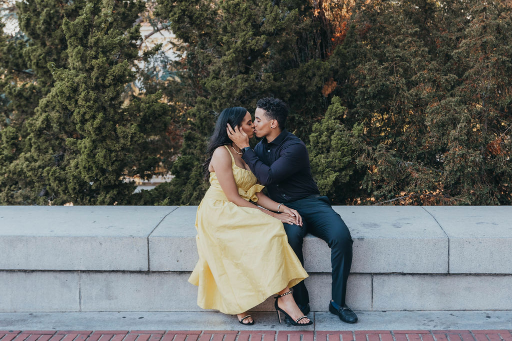 Couple posing for summer engagement photos at Berkeley California University