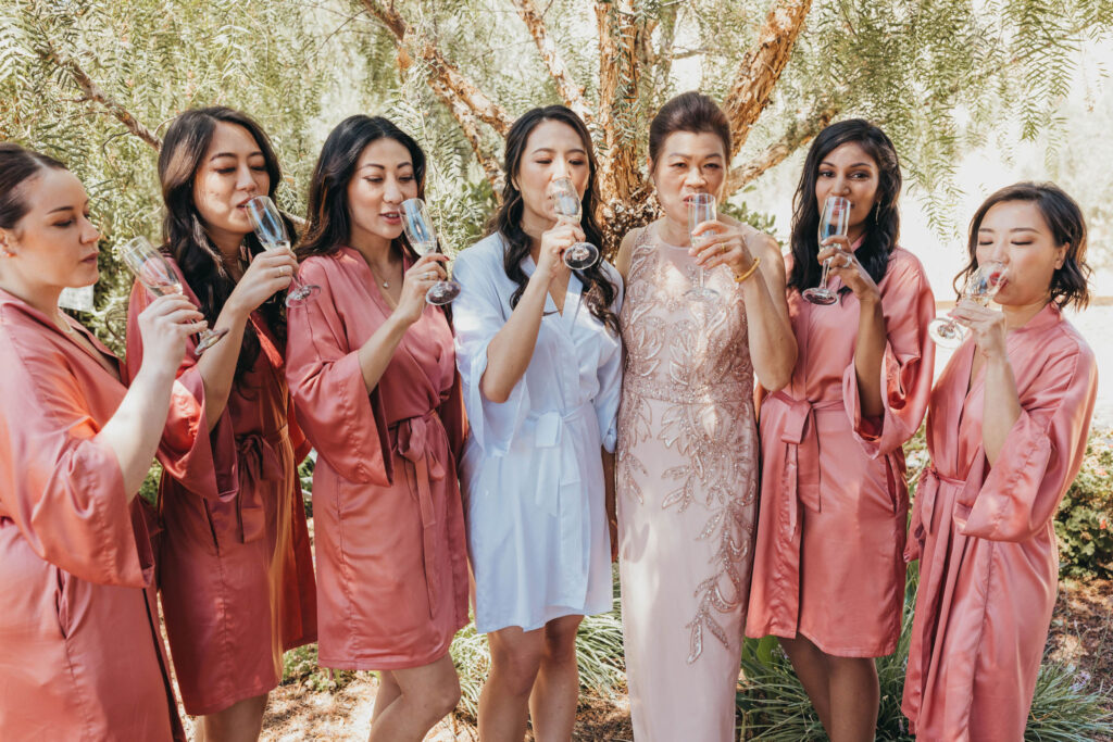 Bride and bridesmaids toasting