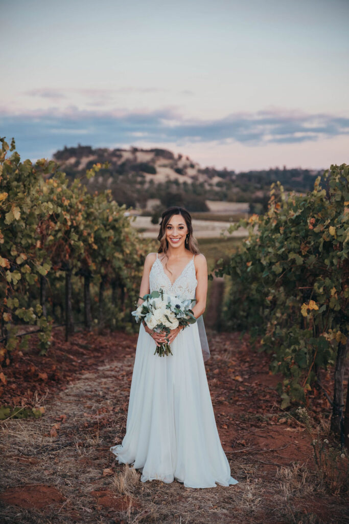 Bride and groom portraits for vineyard wedding at Helwig Winery 