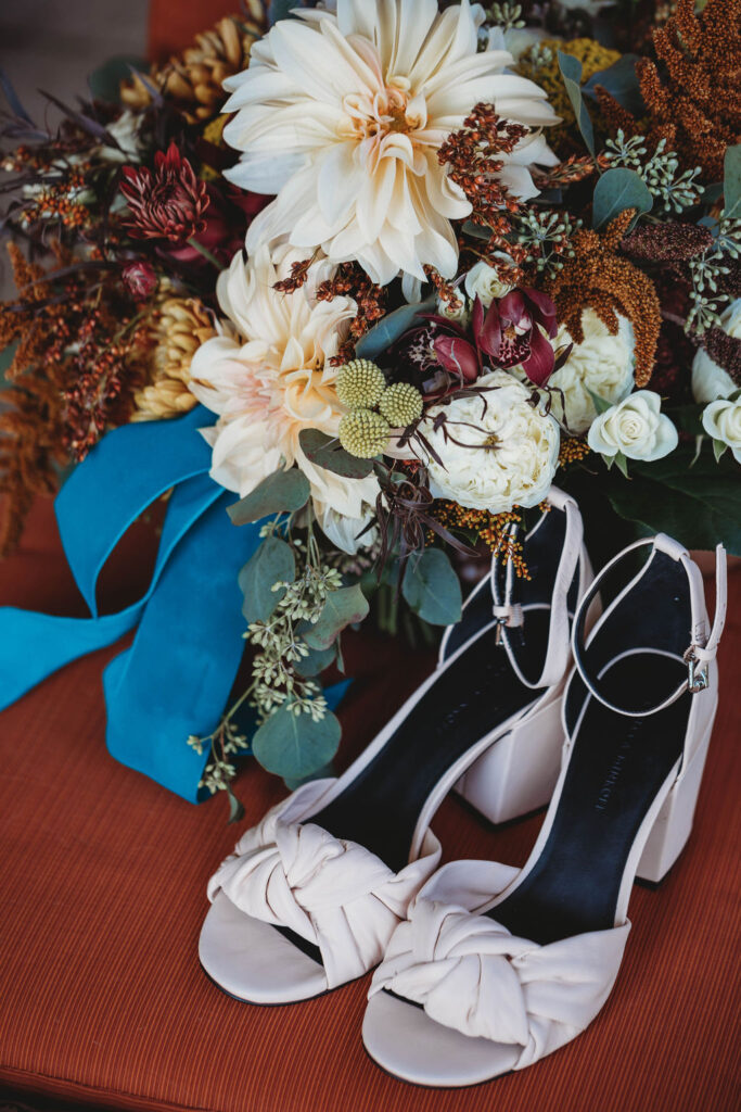 wedding flowers and brides shoes