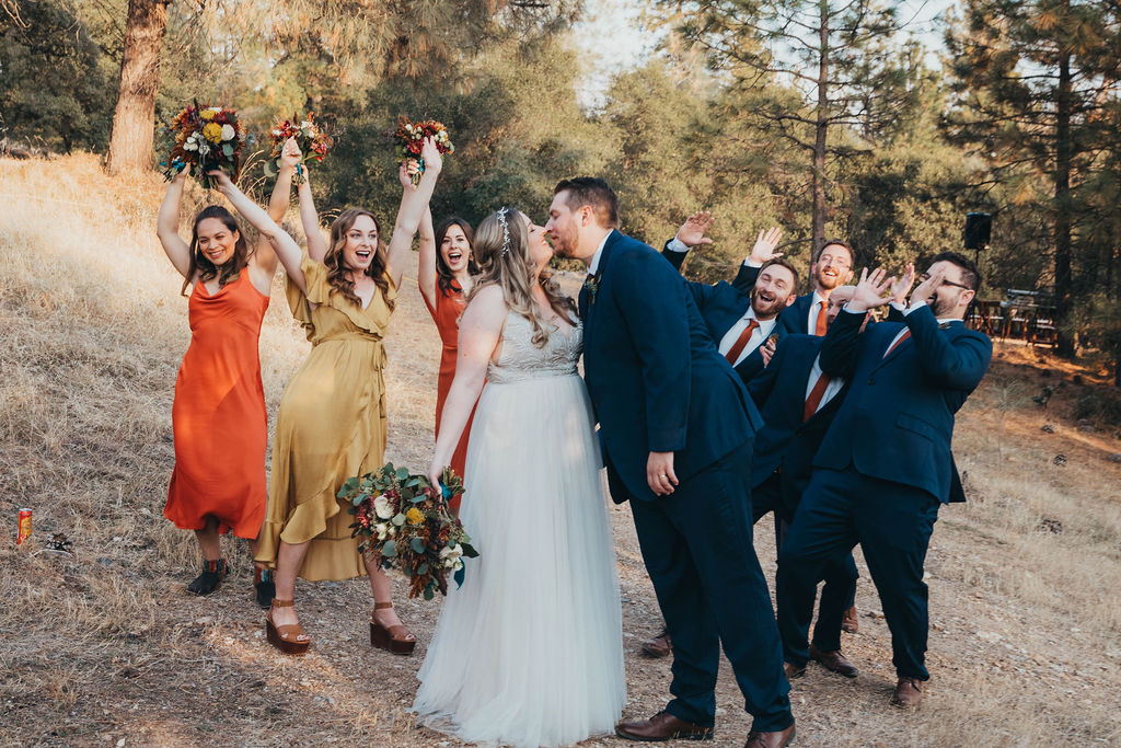 Bridal party photos from a rustic and classy outdoor fall wedding in California El Dorado County