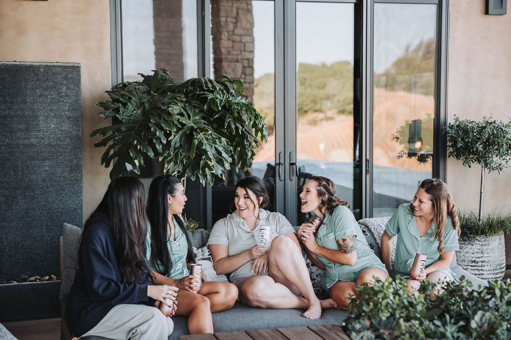 Bride and bridesmaids in pajamas getting ready photos at Black Oak Mountain in Cool, California