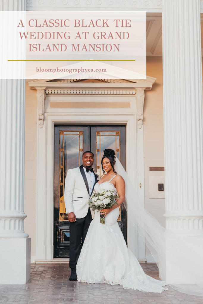 Bride and groom portraits from classic black tie Grand Island Mansion wedding