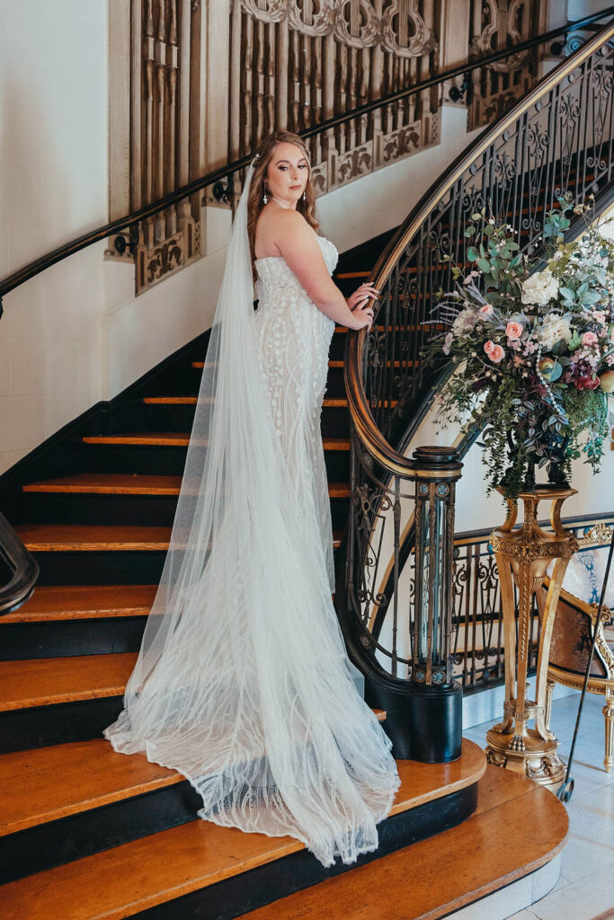 Bride on grand staircase