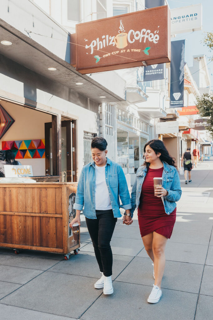 Couples engagement photos in San Francisco at Philz Coffee