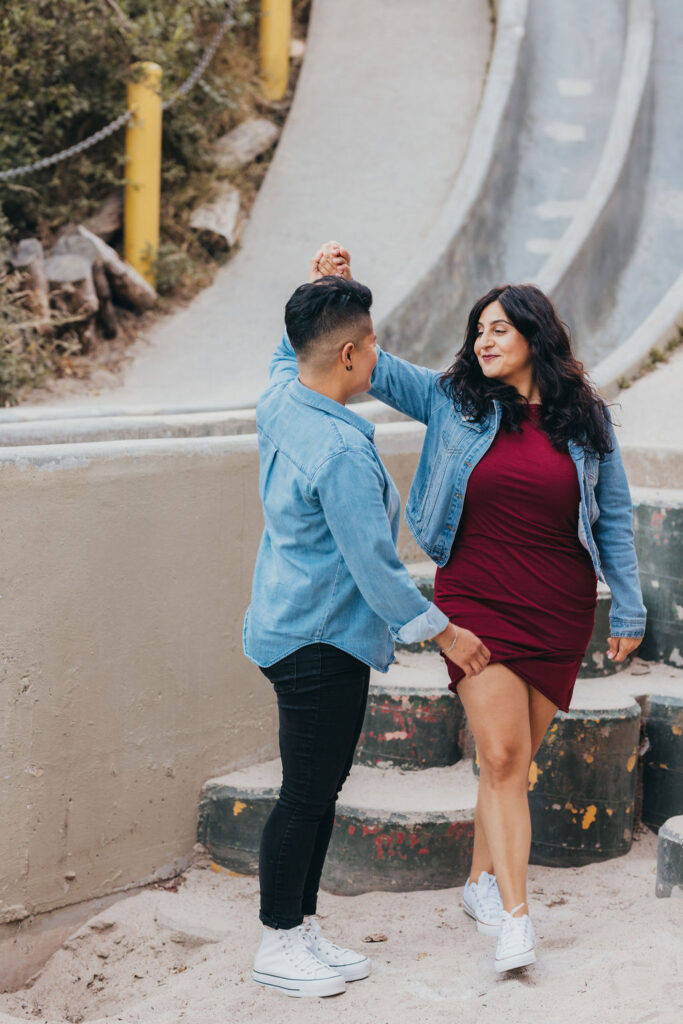 Couples engagement photos in San Francisco on the cement slides
