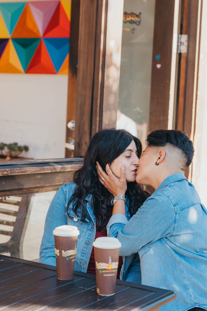 Couples engagement photos in San Francisco at Philz Coffee