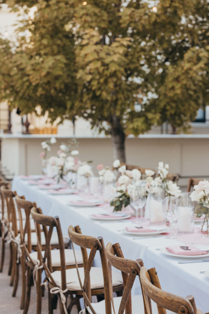 Blush wedding reception décor and setting
