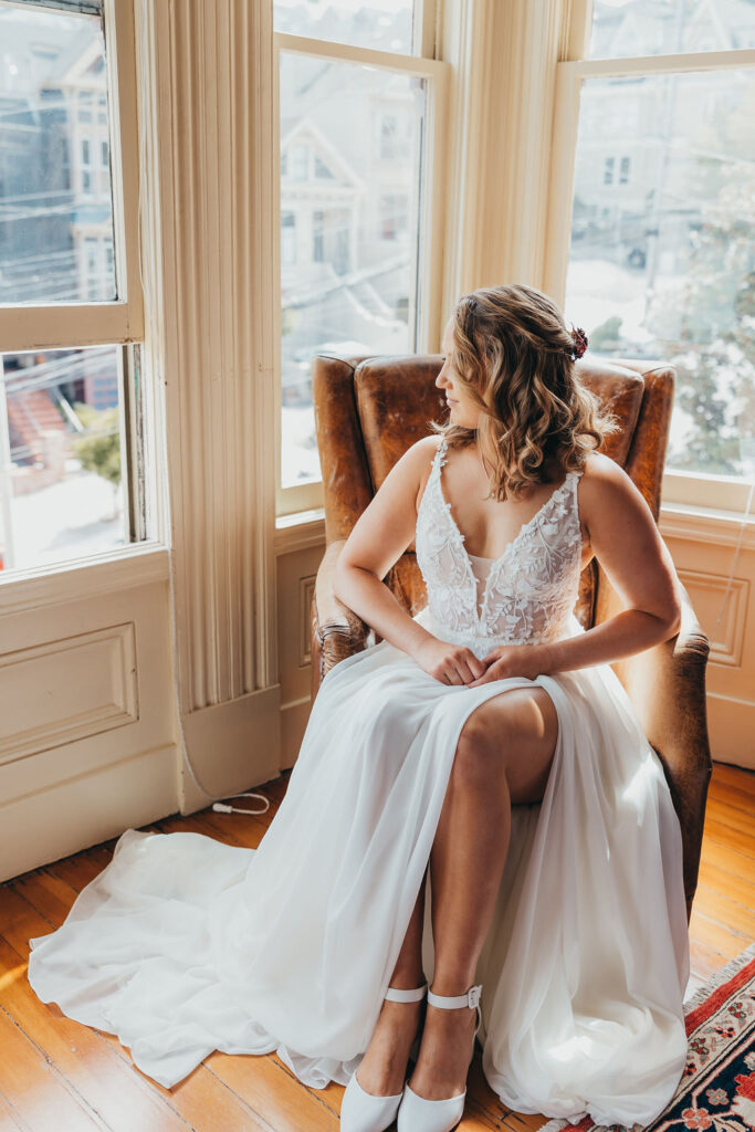 Bride looking out her window