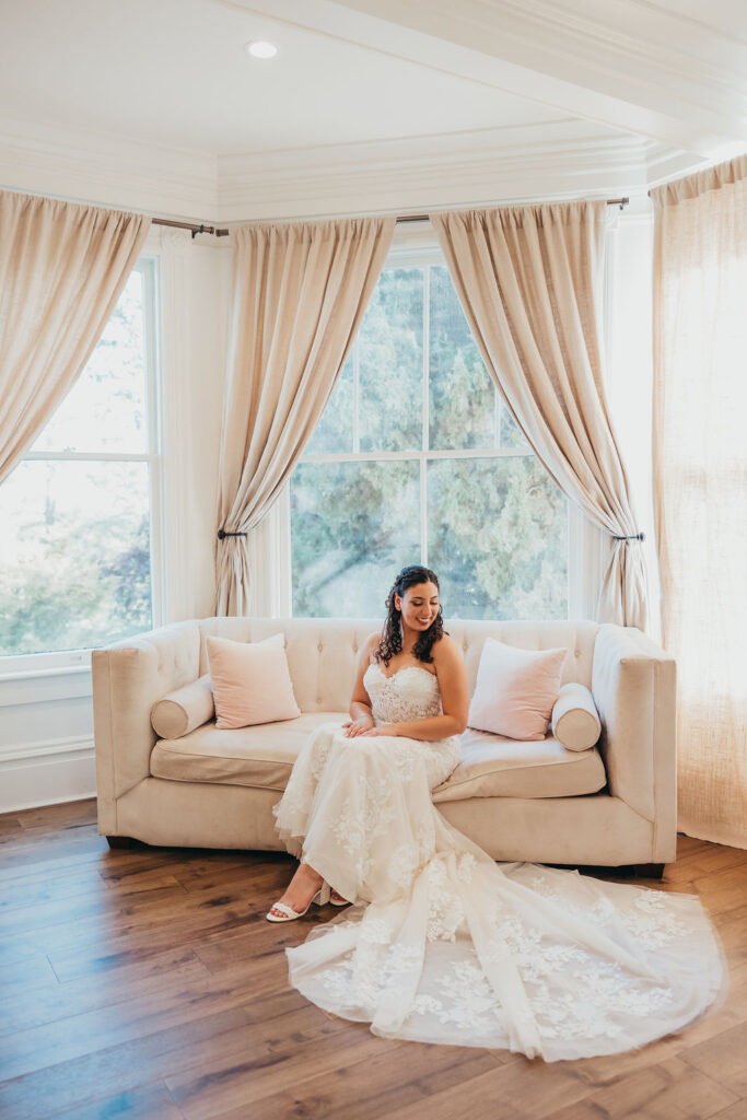 Bride sitting on couch 